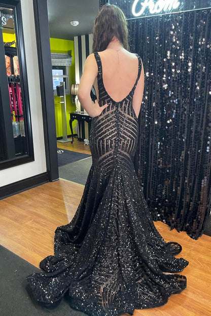 Back Sequins Mermaid V Neck Long Prom Dress