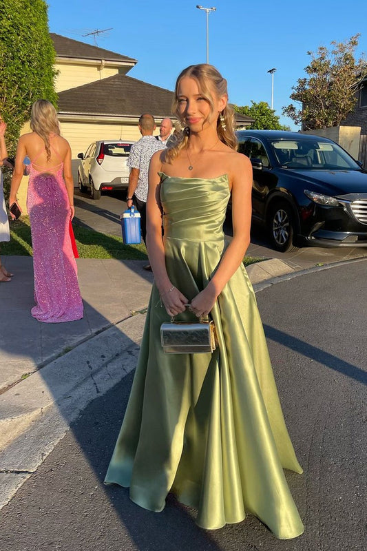 Strapless A Line Sage Satin Prom Dresses