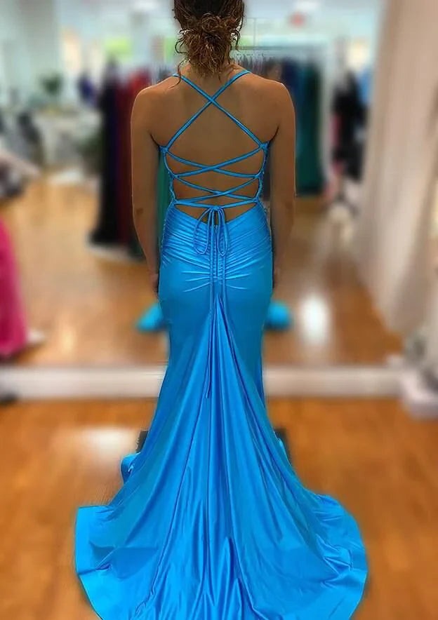 Blue Satin Mermaid V Neck Cute Long Slit Prom Dress Party Dresses