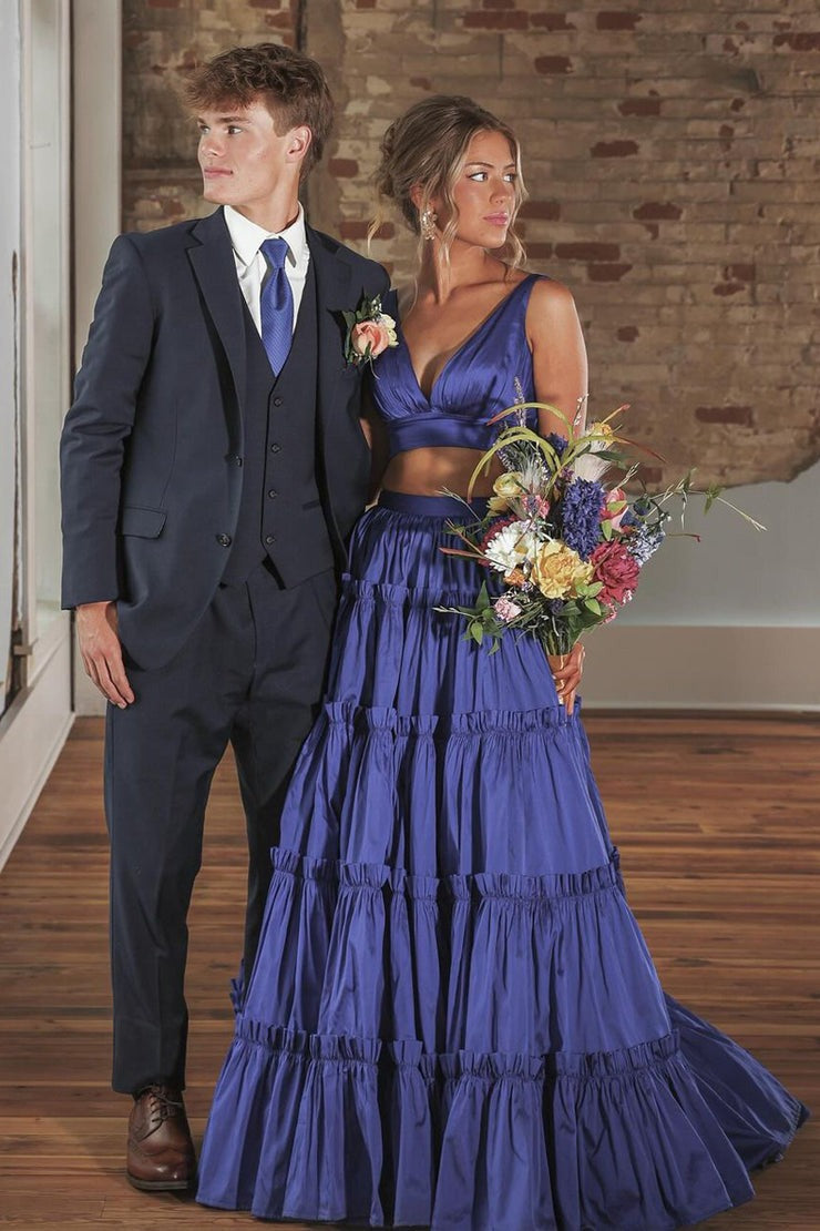 V Neck Two Piece Tiered Satin Long Prom Dress, PD25126