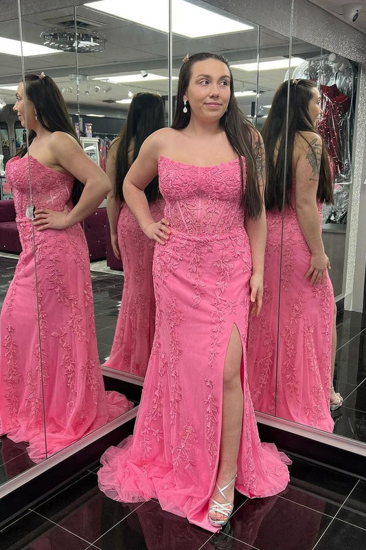 Pink Tulle Mermaid Strapless Long Prom Dress with Appliques