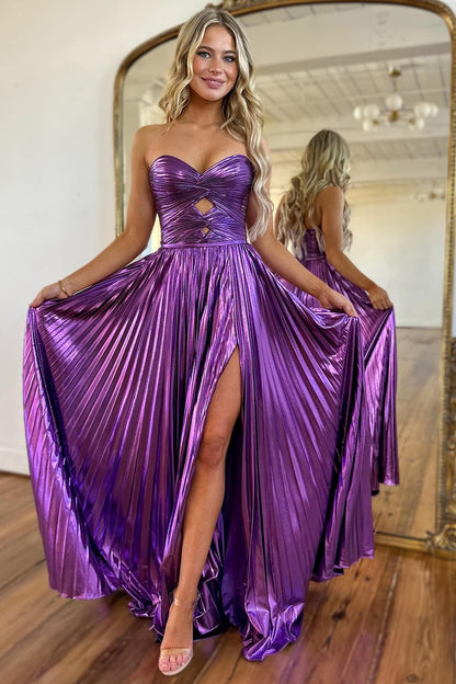 A Line Purple Sweetheart Long Prom Dresses with Slit