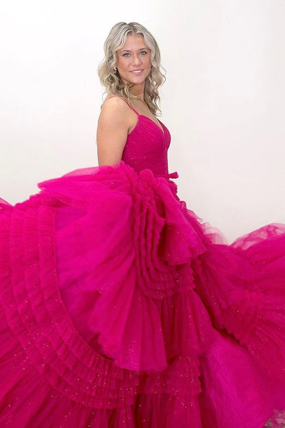 Fuchsia A-Line V Neck Ruffle Tiered Long Prom Dress with Slit