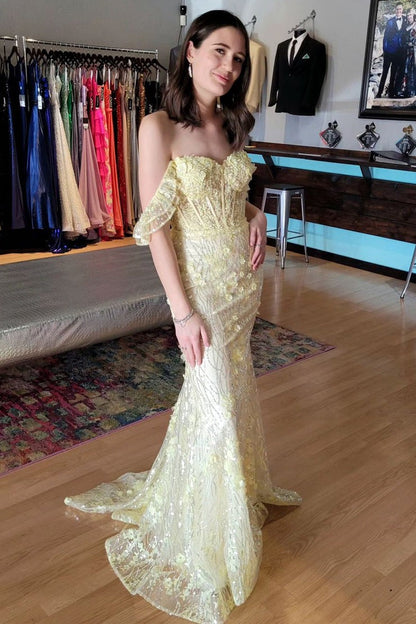 Off the Shoulder Mermaid Yellow Sequin Appliques Long Prom Dresses, PD25165