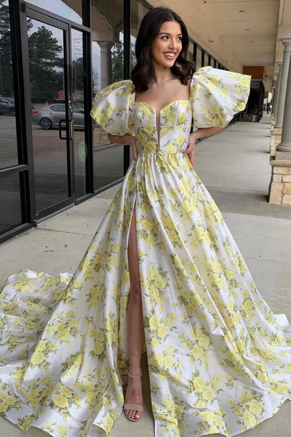 Vintage Sweetheart Puff Sleeves Floral Printed Long Prom Dress with Slit