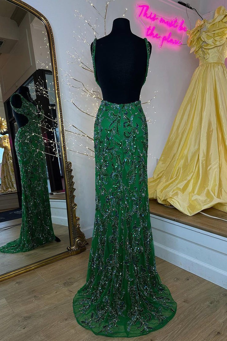 Dark Green V Neck Sequins Lace Mermaid Long Prom Dress with Slit