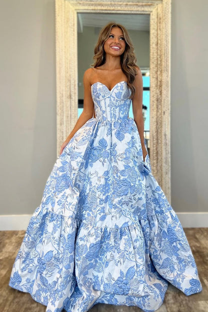 Light Blue Jacquard Satin A Line Sweetheart Tiered Prom Dress