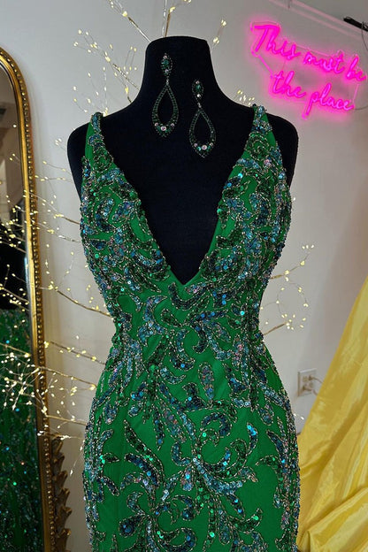 Dark Green V Neck Sequins Lace Mermaid Long Prom Dress with Slit