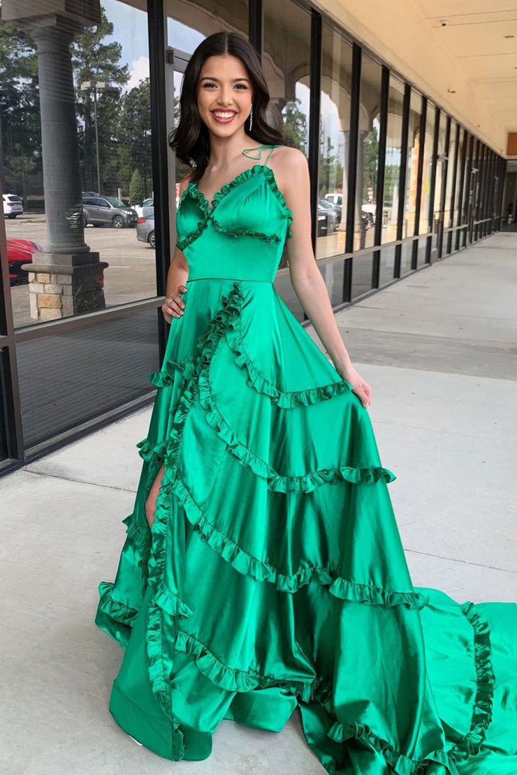 Green Satin A-Line V Neck Prom Dresses with Straps and Ruffle Long