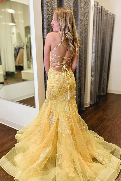 Yellow Sequins Scoop Neck Appliques Mermaid Long Prom Dress