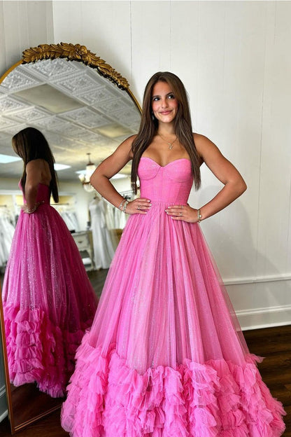 Fuchsia A-Line Strapless Ruffle Tiered Long Prom Dress