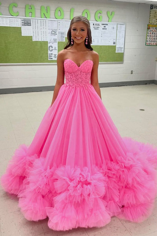 Sweetheart Ball Gown Pink Tiered Tulle Long Prom Dress with Appliques