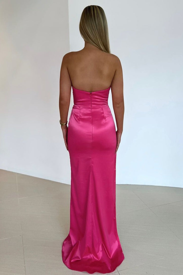 Strapless Mermaid Fuchsia Satin Long Prom Dresses with Slit