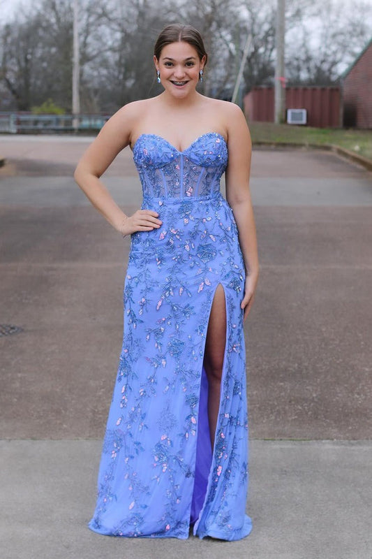 Blue Sequins Appliques Mermaid Strapless Long Prom Dress with Slit