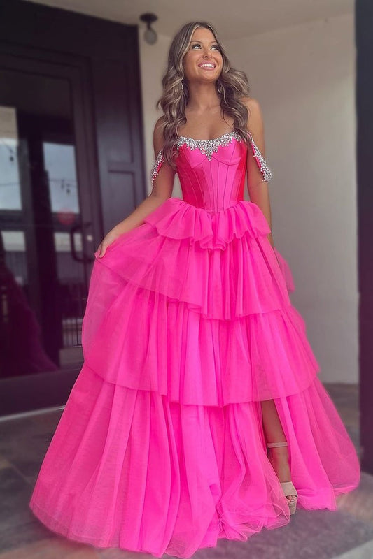 Sweetheart Mermaid Hot Pink Tulle Long Prom Dresses with Beading