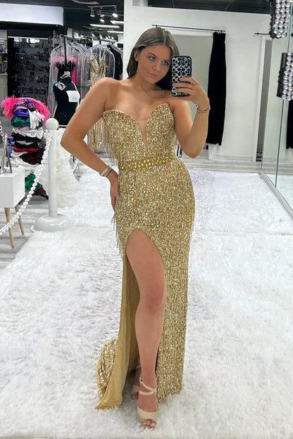 Gold Sequins Mermaid Strapless Long Prom Dress with Slit.