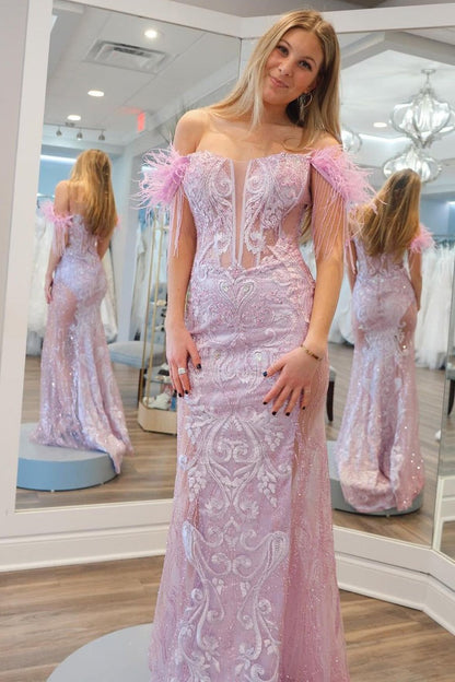 Pink Mermaid Off the Shoulder Sequins Appliques Long Prom Dress