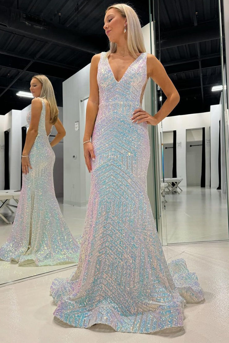White Sequins Mermaid V Neck Long Prom Dress, PD25274