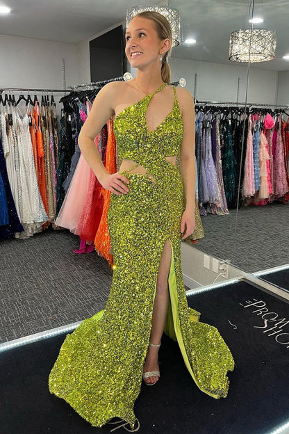 Green Yellow One Shoulder Cutout Sequins Mermaid Long Prom Dress with Slit