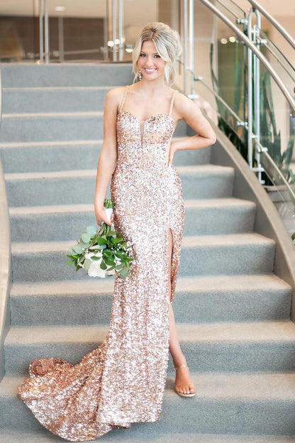 Champagne Sequins Mermaid Sweetheart Long Prom Dress, PD25283