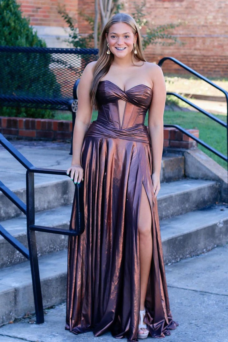 Brown Metallic Satin A Line Sweetheart Prom Dress with Slit