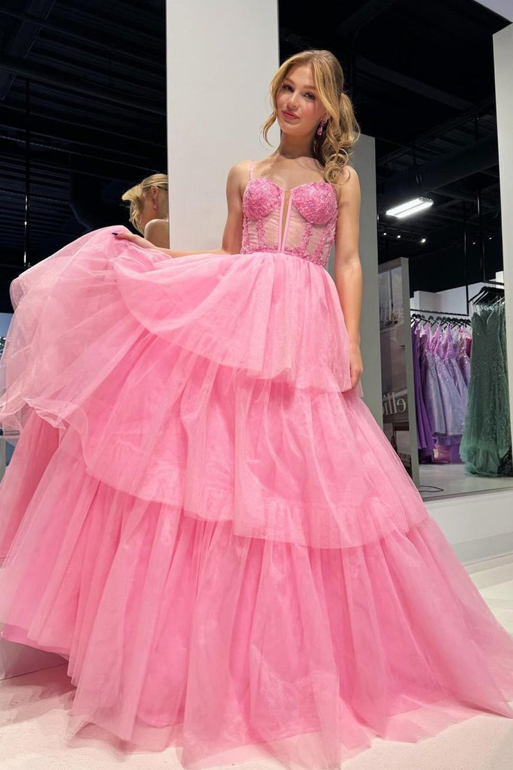 Sweetheart Pink Ruffle Tiered Tulle Prom Dress, PD25141