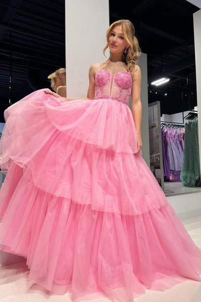 Sweetheart Pink Ruffle Tiered Tulle Prom Dress, PD25141