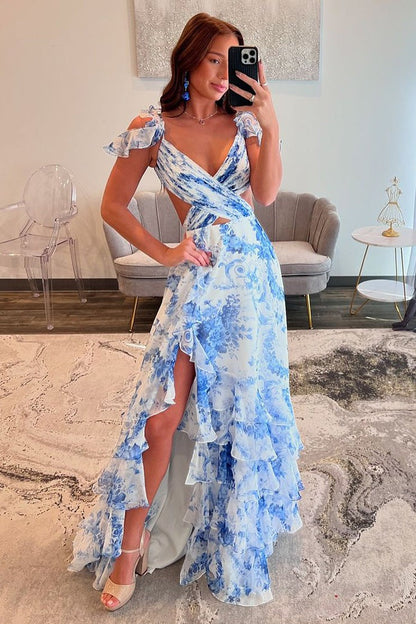 Floral Printed Chiffon Sheath V Neck Ruffled Prom Dress with Slit, PD25251