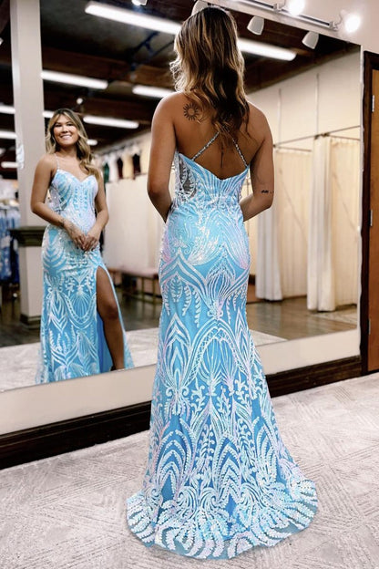 Light Blue Sequins Lace V Neck Mermaid Long Prom Dress