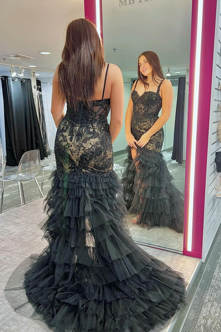 Black Tulle Mermaid Sweetheart Ruffle Long Prom Dress with Slit