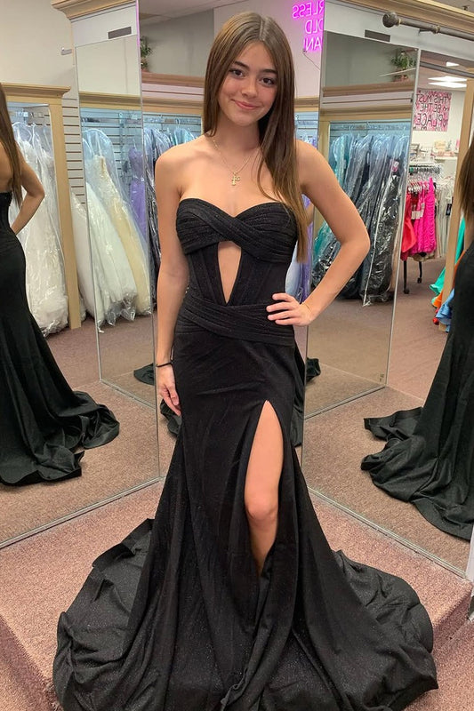 Black Satin Mermaid Sweetheart Charming Slit Long Prom Dresses