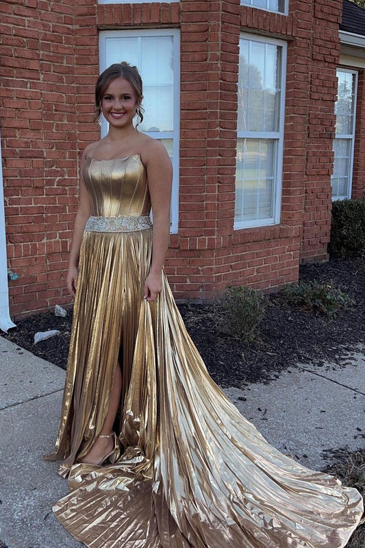 Strapless A Line Gold Satin Long Prom Dresses with Beading