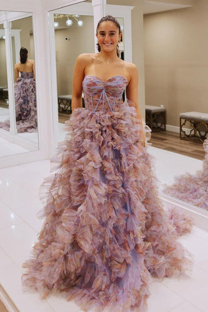 Floral Printed Tulle Long Prom Dress with Ruffle Tiered