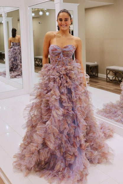 Floral Printed Tulle Long Prom Dress with Ruffle Tiered, PD25307