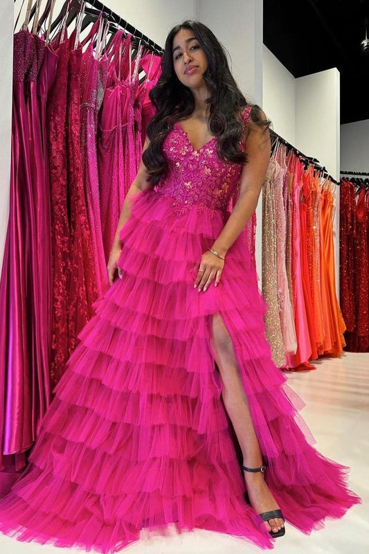 Fuchsia Ruffle Tiered A-Line V Neck Long Prom Dress with Slit