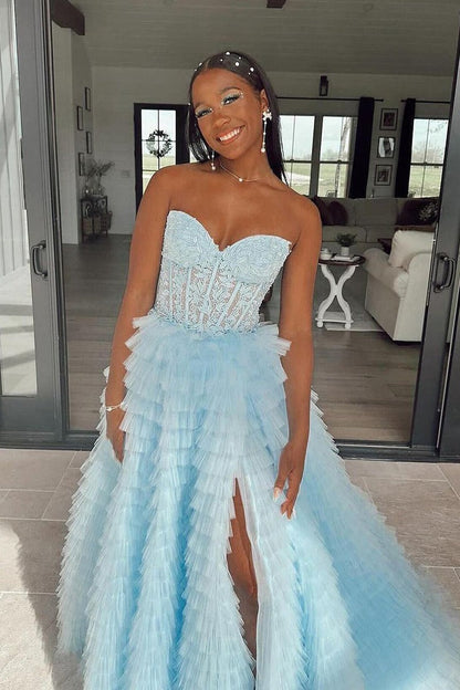 Strapless A Line Ruffle Tiered Tulle Long Prom Dresses