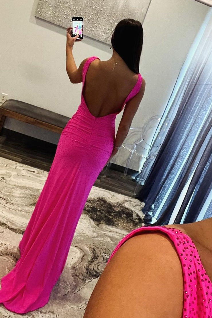 Fuchsia Satin Mermaid V Neck Long Prom Dress with Beads