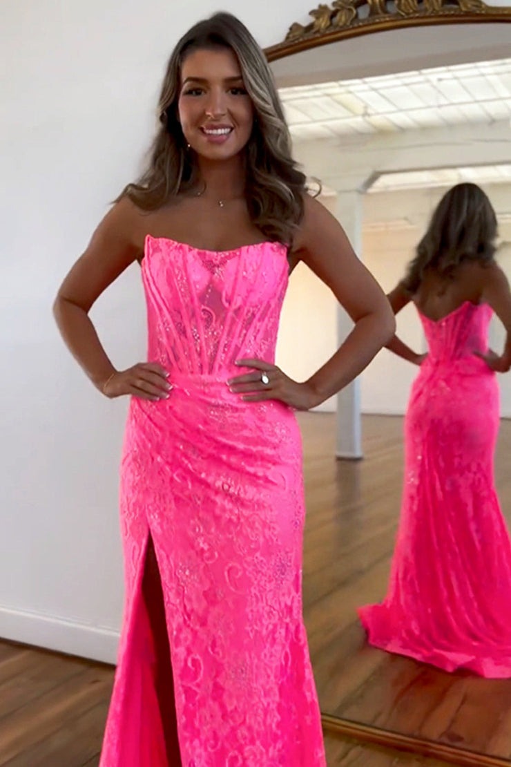 Strapless Mermaid Pink Lace Long Prom Dress with Slit