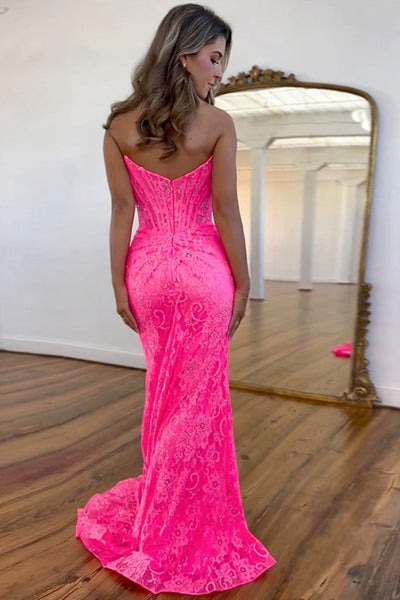 Strapless Mermaid Pink Lace Long Prom Dress with Slit