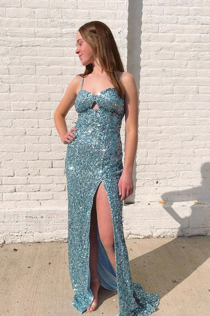 Blue Sequins Sweetheart Keyhole Mermaid Long Prom Dress with Slit