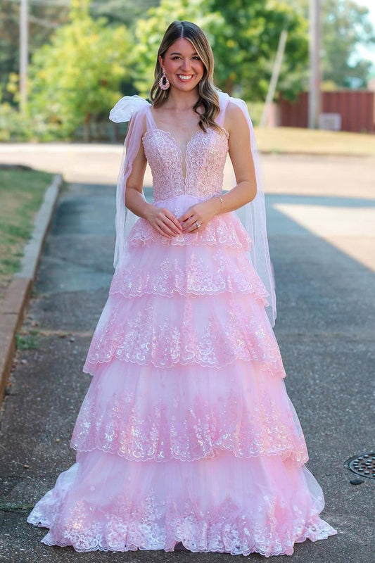 V Neck A Line Pink Tulle Prom Dresses with Appliques