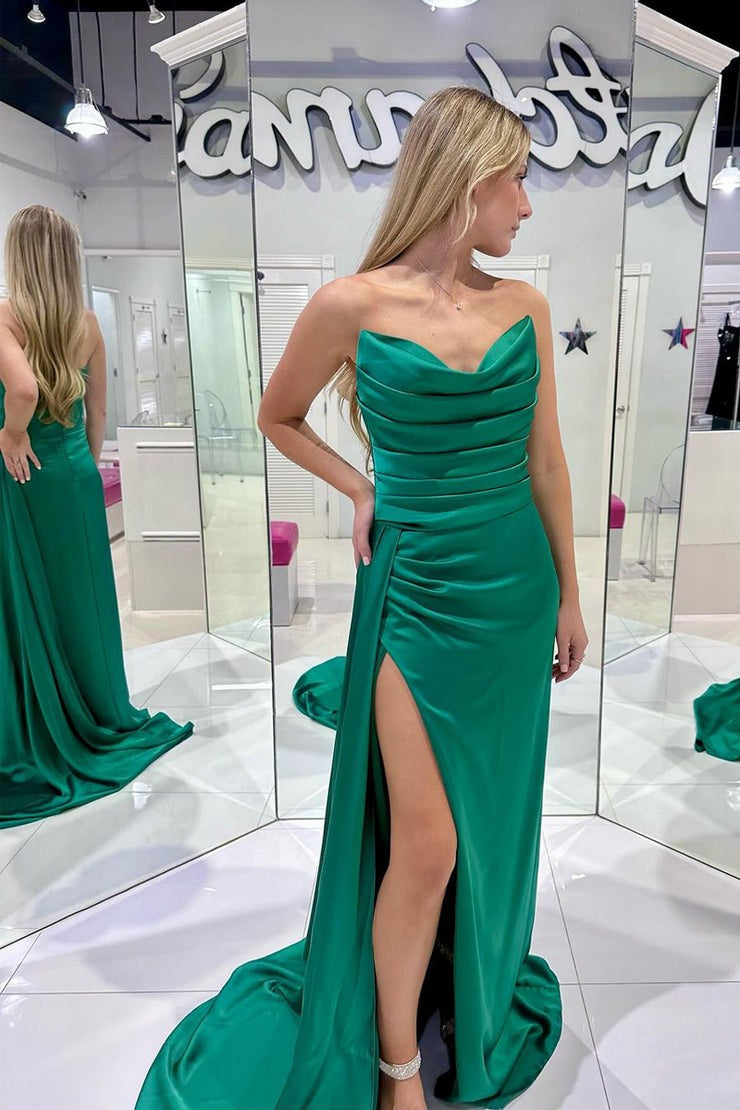 Mermaid Strapless Green Satin Long Prom Dress with Slit