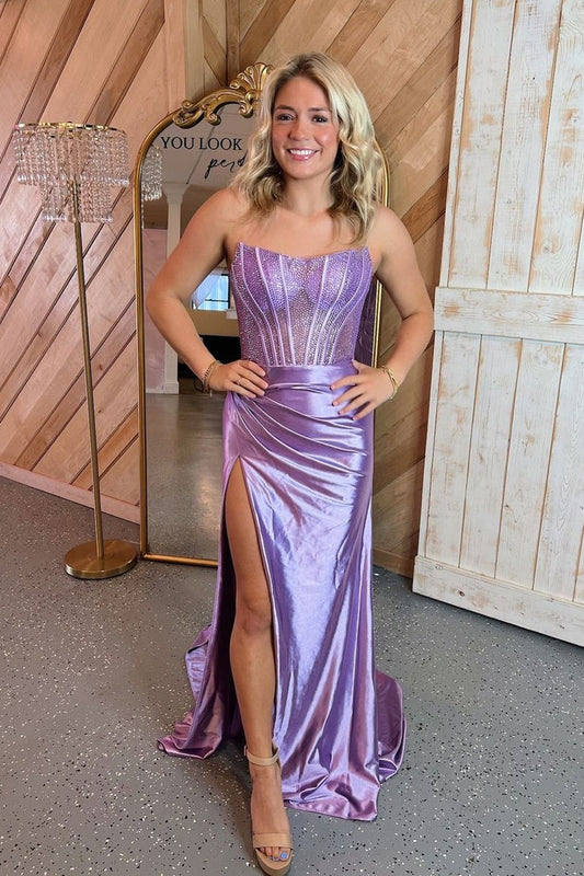 Strapless Mermaid Lilac Satin Prom Dresses with Beading and Slit