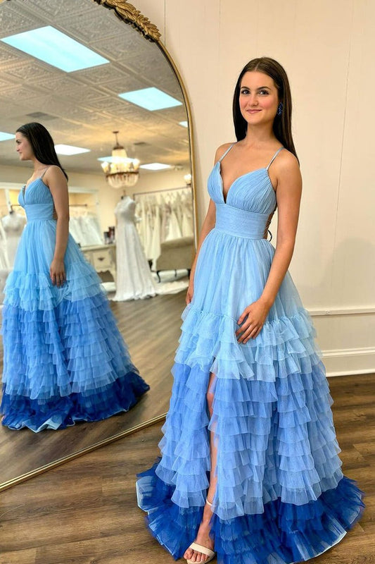 Blue Ruffle Tulle V Neck Long Prom Dress with Slit