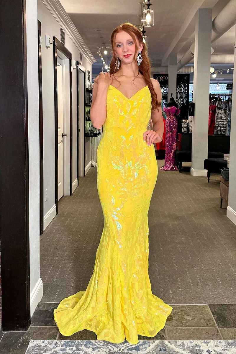 Yellow Sequin Lace Mermaid V-Neck Backless Long Prom Dress, PD2404185