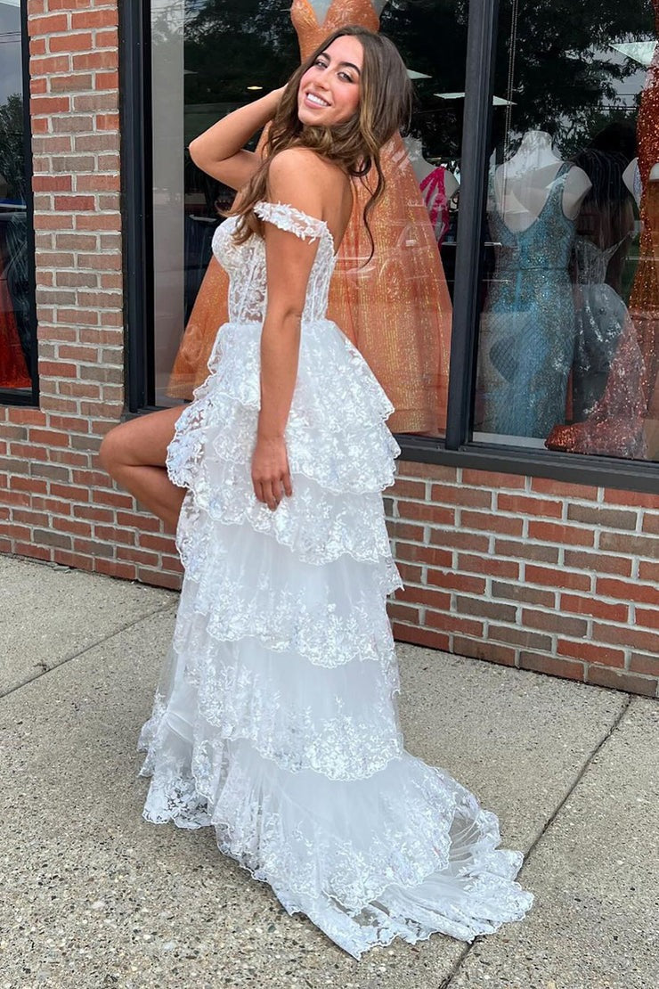 White Sequins Lace Off the Shoulder Ruffle Tiered Long Prom Dress with Slit