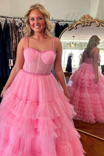 Sweetheart Pink Ruffle Tiered Tulle Prom Dress with Beading, PD25137