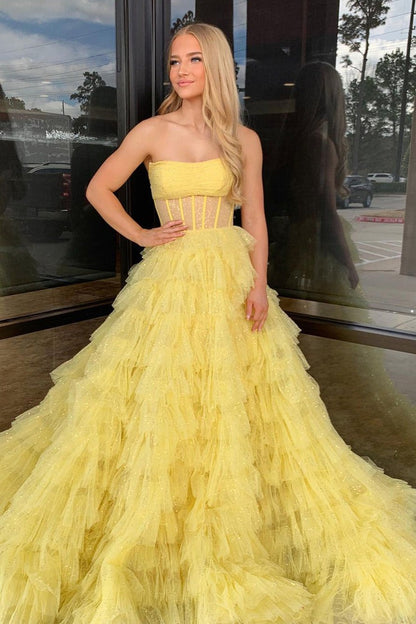 A-Line Yellow Strapless Ruffle Tiered Long Prom Dresses