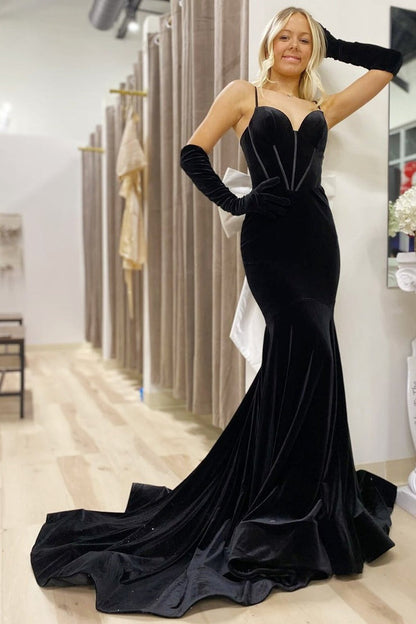 Spaghetti Strap Black Bow-Back Trumpet Velvet Long Prom Dress, PD25189