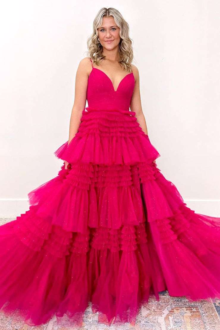 Fuchsia A-Line V Neck Ruffle Tiered Long Prom Dress with Slit